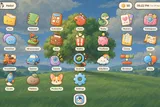 Home screen on a tablet. Twenty-five apps on a painted meadow, coins and the clock on top.