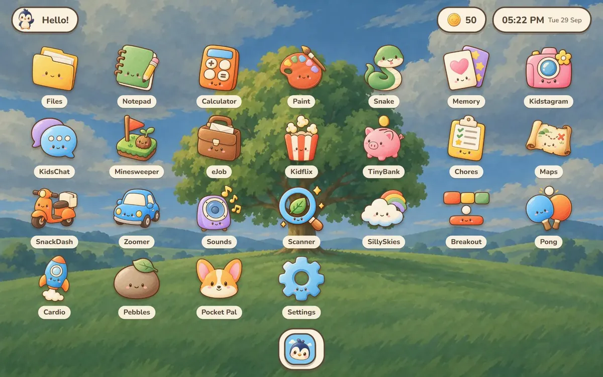 Home screen on a tablet. Twenty-five apps on a painted meadow, coins and the clock on top.