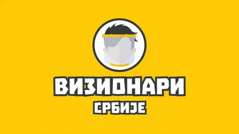 The Vizionari Srbije mark from March 2020, a face visor on yellow. Image as published by BBC na srpskom.