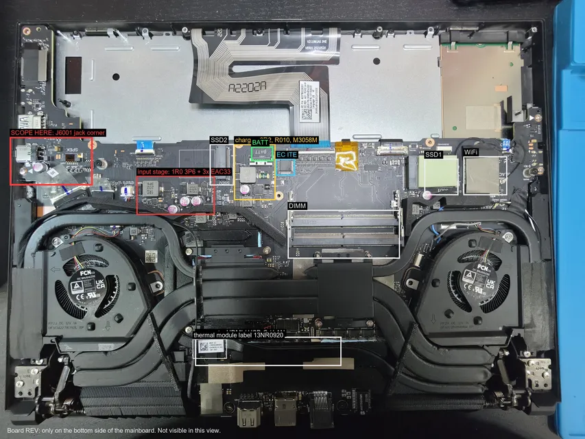 Wide reference photo of the mainboard with the regions the AI boxed, input stage, charger, EC, SSD slots, DIMM. The technician clicks it to tell the AI where the scope is.