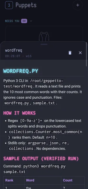 The HTML report the agent posted, open on the phone. What it built, how it works, a verified sample run.
