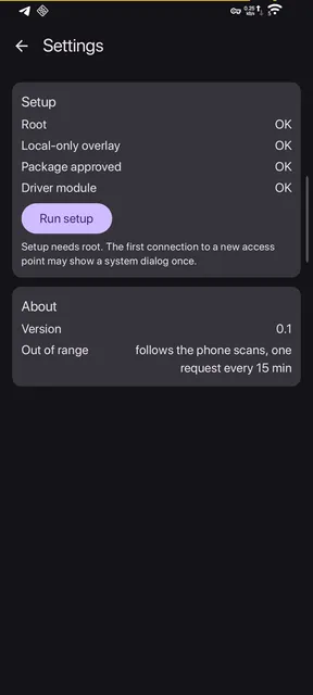 Settings. Root, local-only overlay, package approval and driver module checked, one-tap setup.