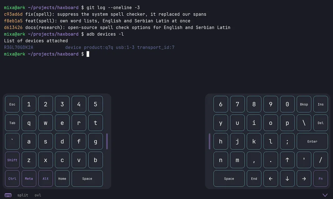 Split board over a terminal, rendered from the keyboard's own layout files in the Dracula theme. The middle of the screen stays free for the app.