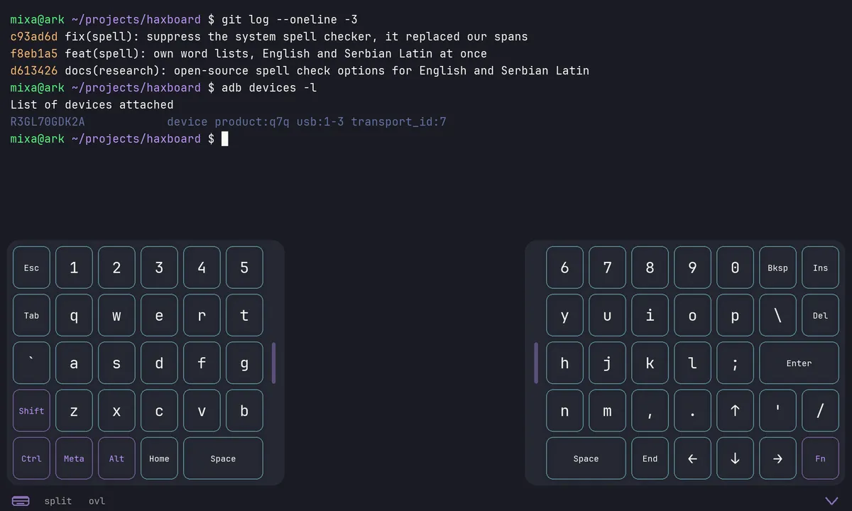 Split board over a terminal, rendered from the keyboard's own layout files in the Dracula theme. The middle of the screen stays free for the app.
