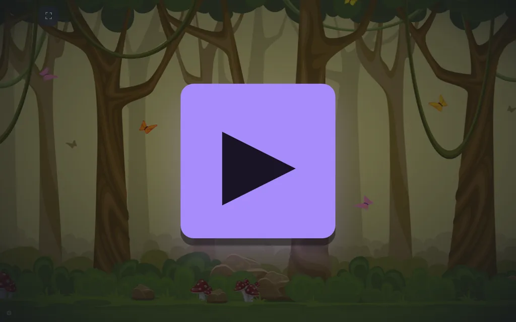 Start screen. One button, a parents' corner, fullscreen toggle.