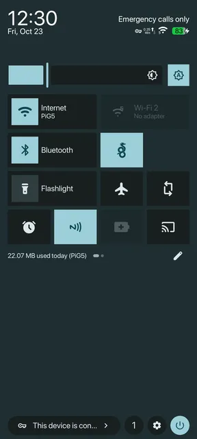 Quick Settings. The Wi-Fi 2 tile next to Internet, here with the adapter unplugged.