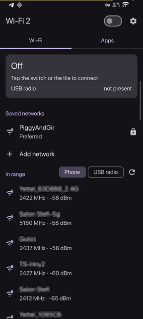 Wi-Fi tab. The link card on top, saved networks, then what is in range. Neighbour network names are blurred.